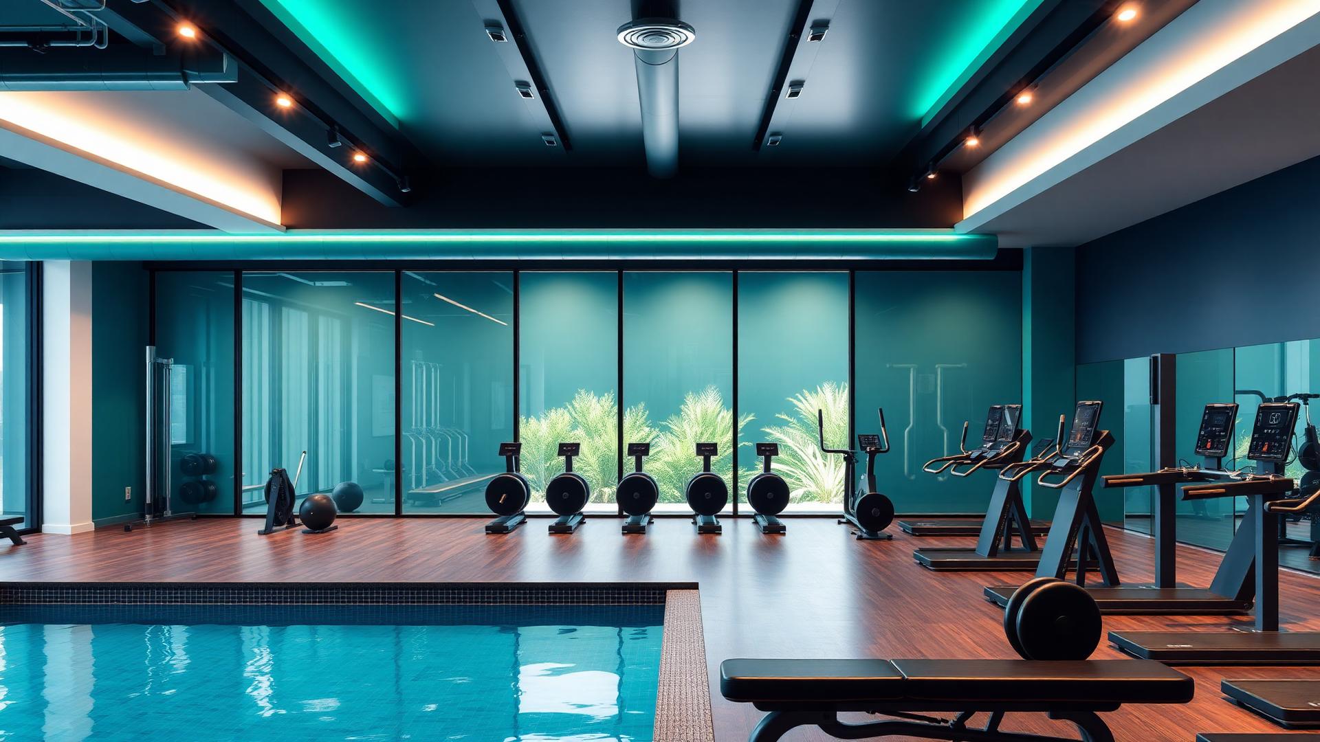 Área de musculação da Academia Água & Cia com piscina ao fundo